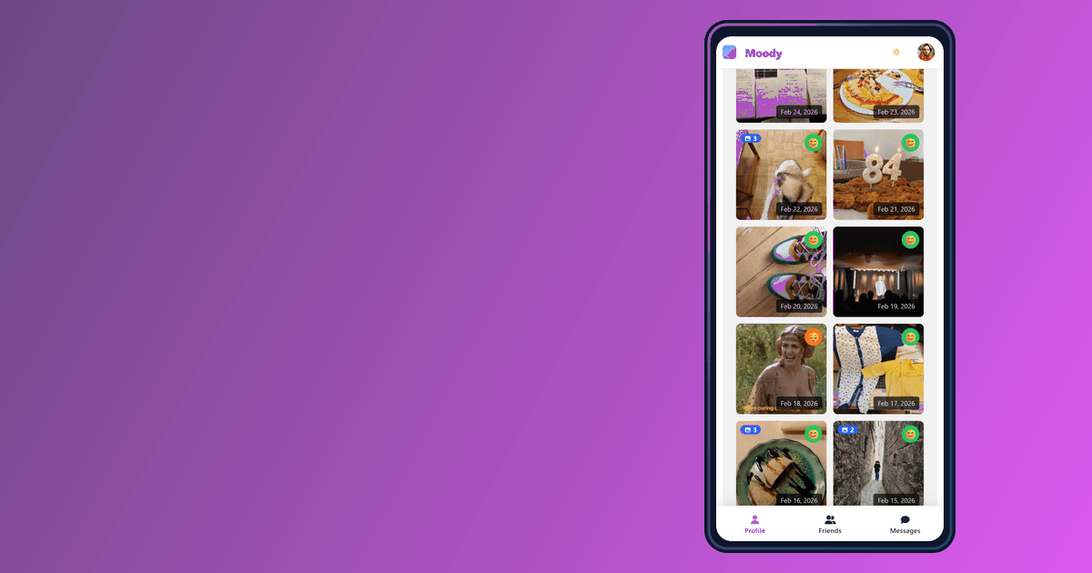 Moody memories screen with daily mood entries and photos
