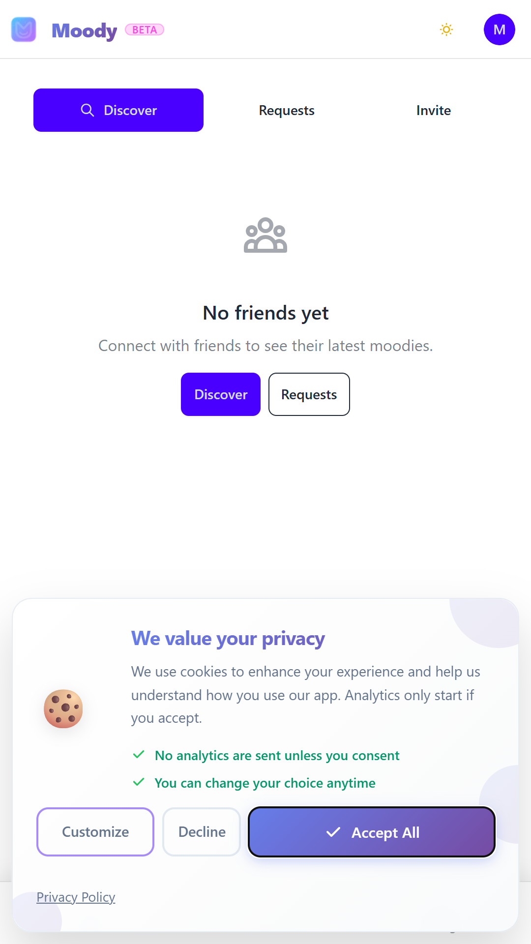 Moody friends feed and private sharing settings