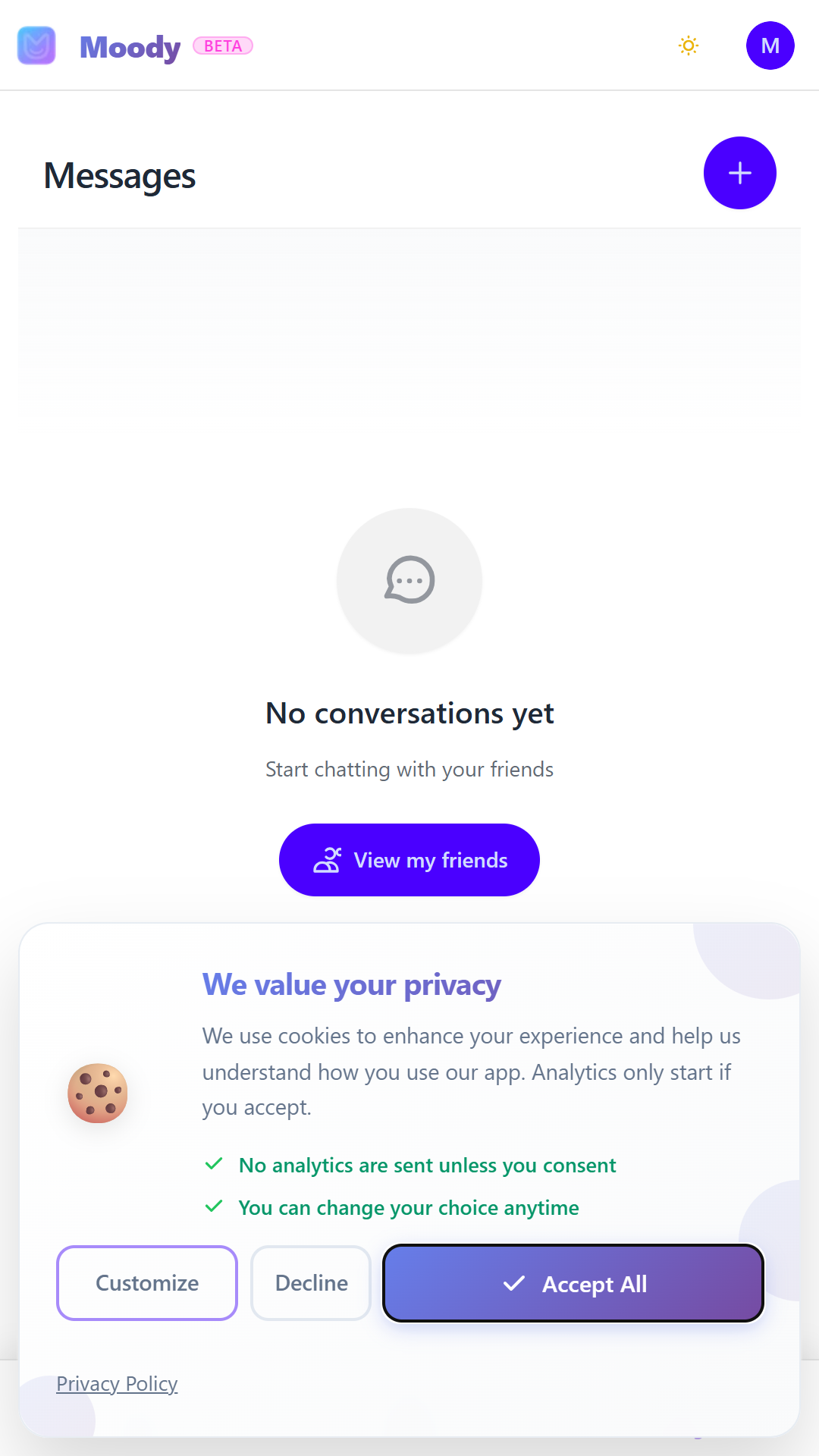 Moody messages screen with conversation list and direct replies