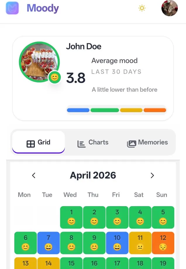 Moody preview — yearly mood tracking grid